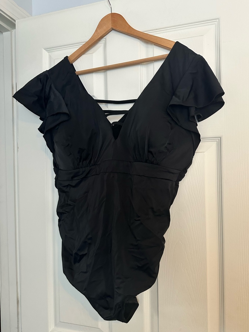 NWOT Cacique Black V-Neck One-Piece Swimsuit with Flutter Sleeves